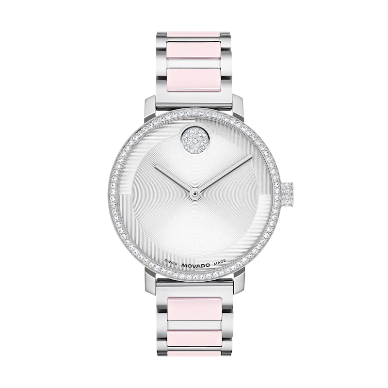 Main Image 1 of Ladies' Movado Bold® Evolution 2.0 Stainless Steel & Pink Ceramic Analog Watch with Silver-Tone Dial and Crystal Bezel (Model: 3601300)
