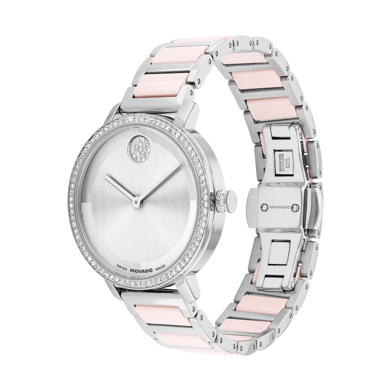 Main Image 2 of Ladies' Movado Bold® Evolution 2.0 Stainless Steel & Pink Ceramic Analog Watch with Silver-Tone Dial and Crystal Bezel (Model: 3601300)