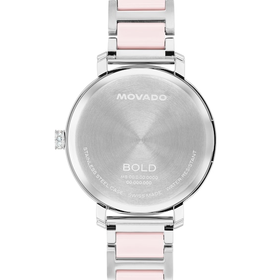 Ladies' Movado Bold® Evolution 2.0 Stainless Steel & Pink Ceramic Analog Watch with Crystal Bezel (Model: 3601300)