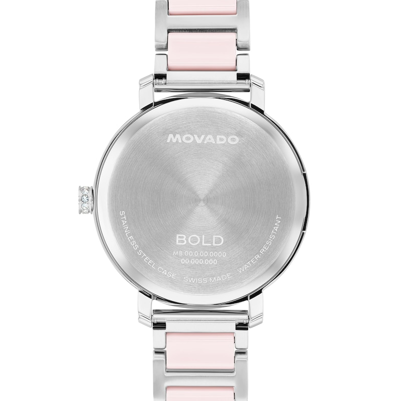 Main Image 3 of Ladies' Movado Bold® Evolution 2.0 Stainless Steel & Pink Ceramic Analog Watch with Silver-Tone Dial and Crystal Bezel (Model: 3601300)