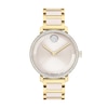 Thumbnail Image 1 of Ladies' Movado Bold® Evolution 2.0 Gold-Tone IP & Taupe Ceramic Analog Watch with Taupe Dial and Crystal Bezel (Model: 3601301)