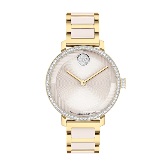 Ladies' Movado Bold® Evolution 2.0 Gold-Tone IP & Taupe Ceramic Analog Watch with Taupe Dial and Crystal Bezel (Model: 3601301)
