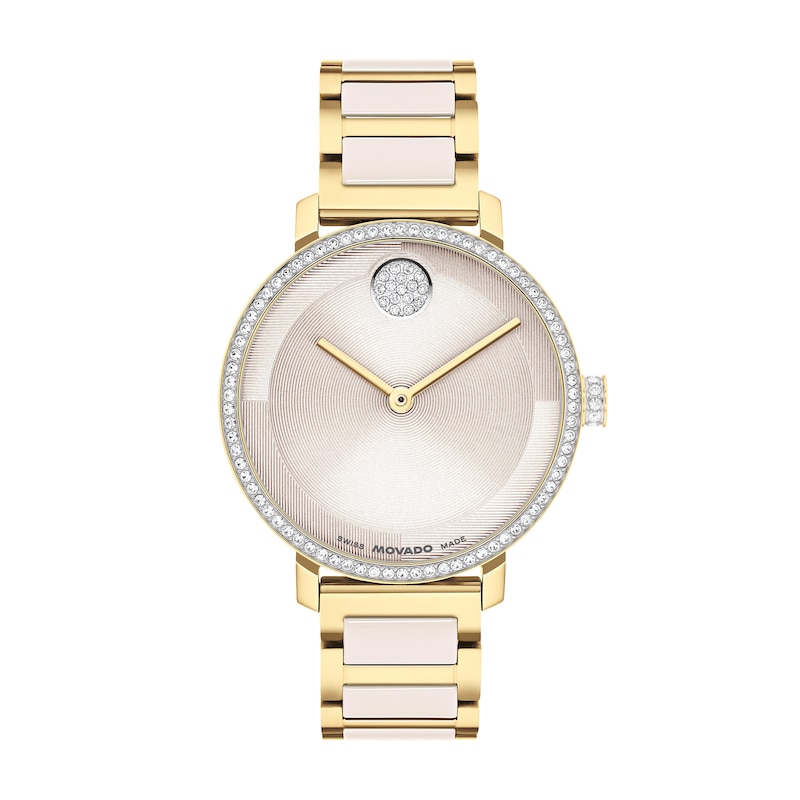 Main Image 1 of Ladies' Movado Bold® Evolution 2.0 Gold-Tone IP & Taupe Ceramic Analog Watch with Taupe Dial and Crystal Bezel (Model: 3601301)