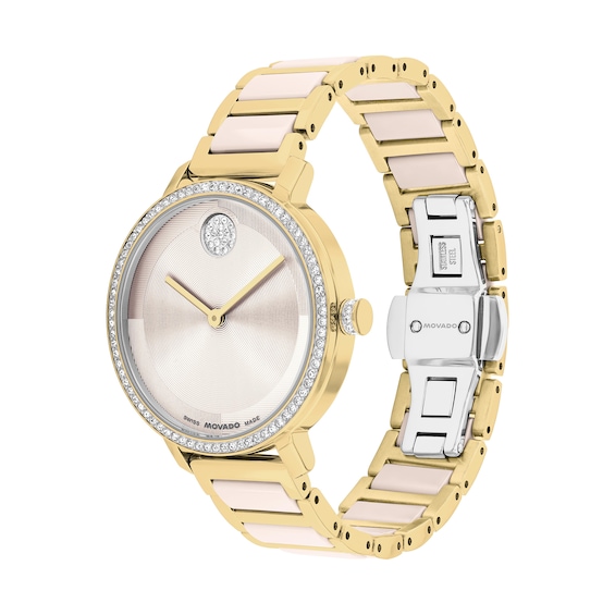 Ladies' Movado Bold® Evolution 2.0 Gold-Tone IP & Taupe Ceramic Analog Watch with Taupe Dial and Crystal Bezel (Model: 3601301)