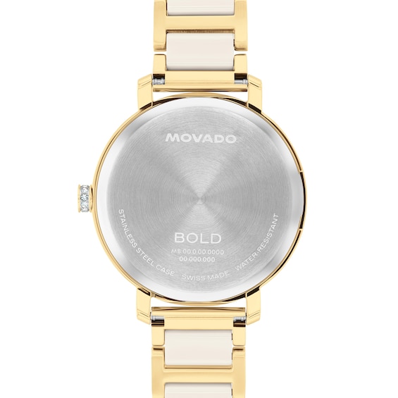 Ladies' Movado Bold® Evolution 2.0 Gold-Tone IP & Taupe Ceramic Analog Watch with Taupe Dial and Crystal Bezel (Model: 3601301)