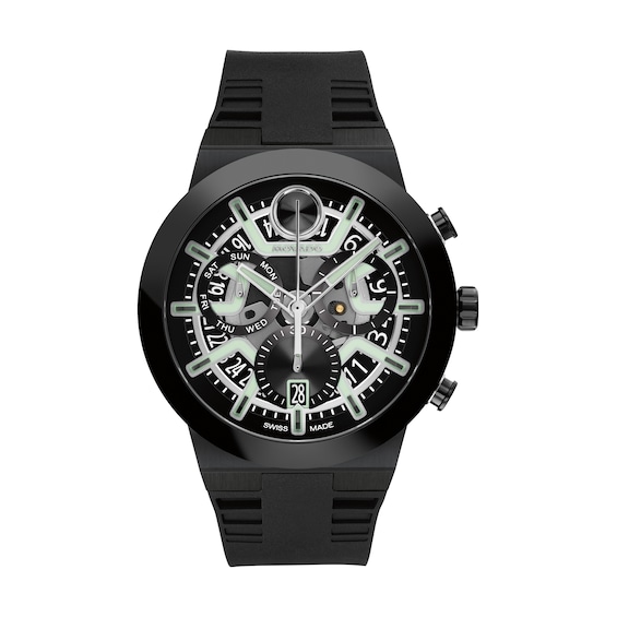 Men's Movado Bold® Fusion Chronograph Watch with Black Dial and Black Silicone Strap (Model: 3601284)
