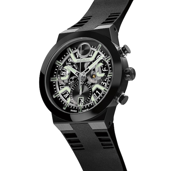 Men's Movado Bold® Fusion Chronograph Watch with Black Dial and Black Silicone Strap (Model: 3601284)