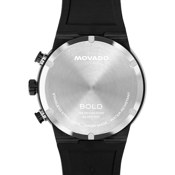 Men's Movado Bold® Fusion Chronograph Watch with Black Dial and Black Silicone Strap (Model: 3601284)