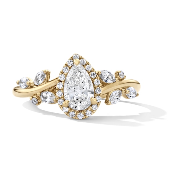 7/8 CT. T.w. Certified Pear-Shaped Lab-Grown Diamond Frame Vine Shank Engagement Ring in 14K Gold (F/Vs2)