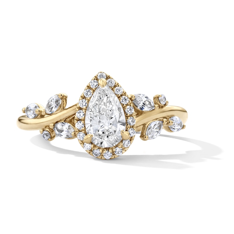 Main Image 1 of 7/8 CT. T.W. Certified Pear-Shaped Lab-Grown Diamond Frame Vine Shank Engagement Ring in 14K Gold (F/VS2)