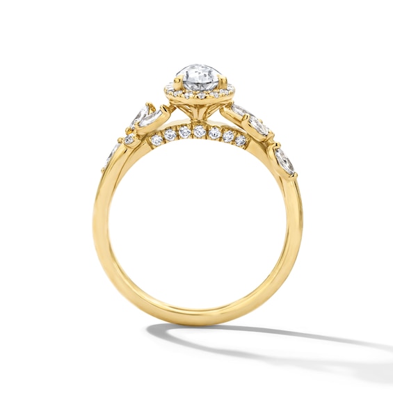 7/8 CT. T.w. Certified Pear-Shaped Lab-Grown Diamond Frame Vine Shank Engagement Ring in 14K Gold (F/Vs2)