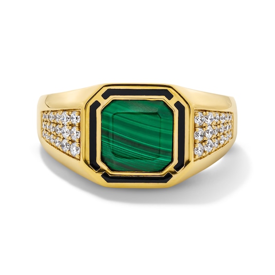 Octagon-Shaped Malachite and 1/3 CT. T.w. Lab-Grown Diamond Ring in Sterling Silver with 14K Gold Plate (F/Vs2)