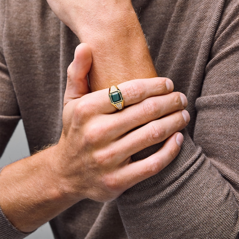 Main Image 2 of Octagon-Shaped Malachite and 1/3 CT. T.W. Lab-Grown Diamond Ring in Sterling Silver with 14K Gold Plate (F/VS2)