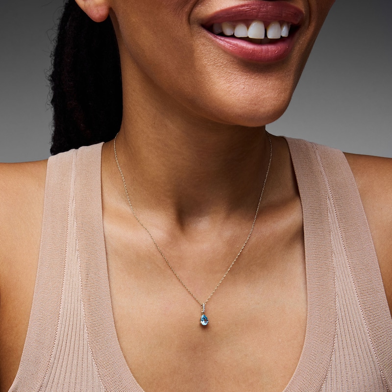 Main Image 2 of Pear-Shaped Swiss Blue Topaz and Lab-Grown Diamond-Accent Pendant in 10K Gold
