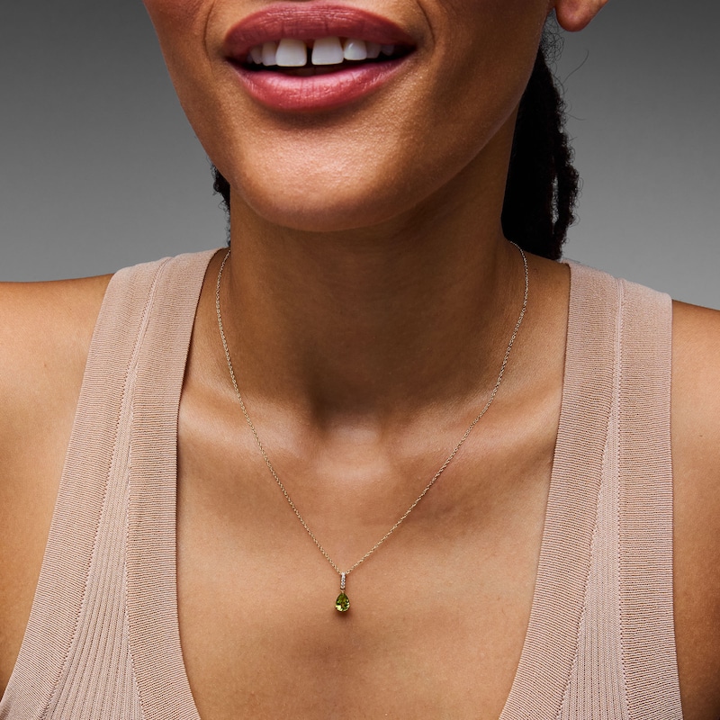 Main Image 2 of Pear-Shaped Peridot and Lab-Grown Diamond-Accent Pendant in 10K Gold