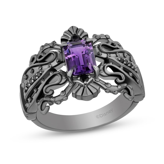 Enchanted Disney Villains Ursula Amethyst, Onxy and 1/20 CT. T.w. Black Diamond Ring in Black-Plated Sterling Silver