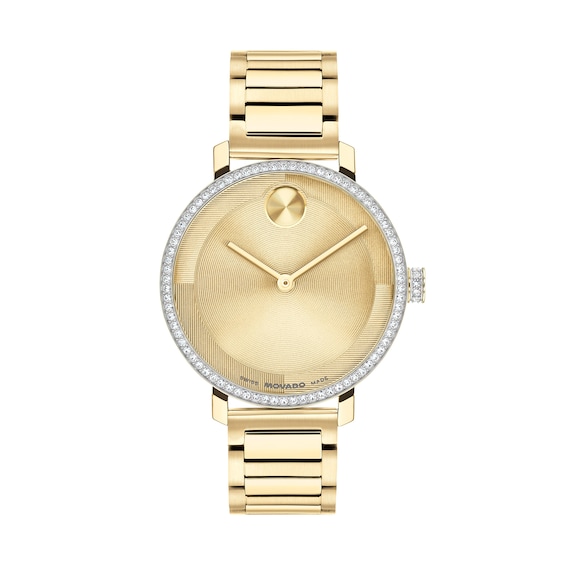 Ladies' Movado Bold® Evolution 2.0 Analog Watch with Gold-Tone Dial and Crystal Bezel (Model: 3601225)