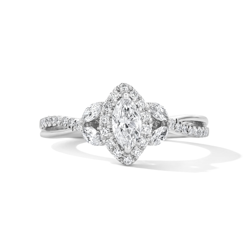 Main Image 1 of 3/4 CT. T.W. Certified Marquise-Cut Lab-Grown Diamond Frame Engagement Ring in Sterling Silver (F/VS2)