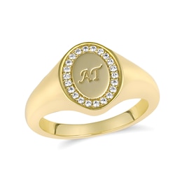 Engraved Initial Signet Ring with White Lab-Created Sapphire Frame (2 Initials)