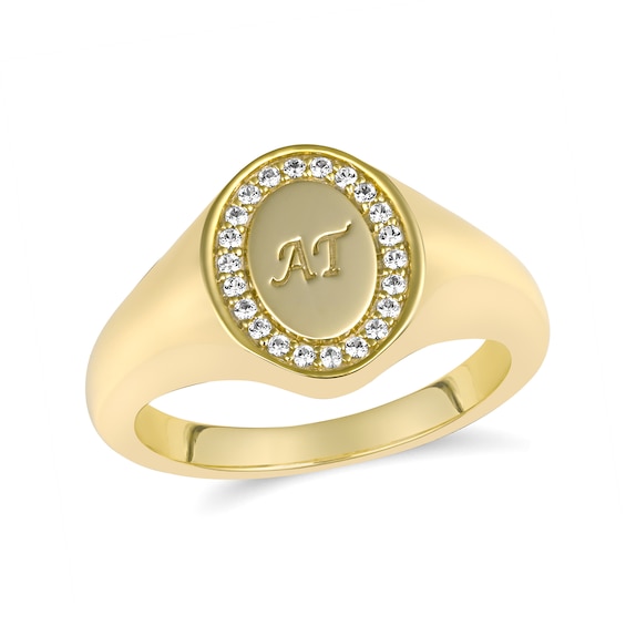 Engraved Initial Signet Ring with White Lab-Created Sapphire Frame (2 Initials)