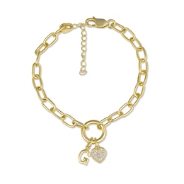 Initial and White Lab-Created Sapphire Heart Charm Circle Link Bracelet (1 Initial) - 8.0”