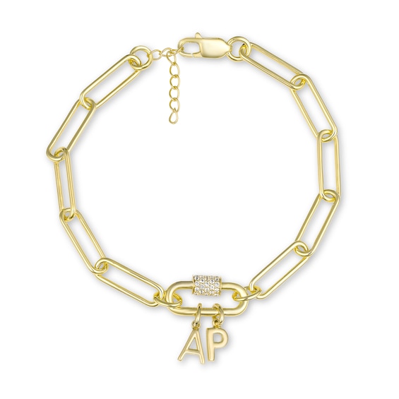 Initial and White Lab-Created Sapphire Paper Clip Chain Bracelet (2 Initials) - 8.0