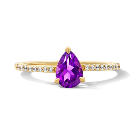 Pear-Shaped Amethyst and 1/10 CT. T.w. Lab-Grown Diamond Ring in 10K Gold