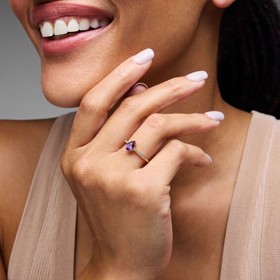Pear-Shaped Amethyst and 1/10 CT. T.w. Lab-Grown Diamond Ring in 10K Gold