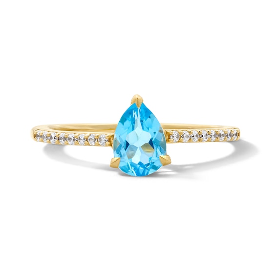 Pear-Shaped Swiss Blue Topaz and 1/10 CT. T.w. Lab-Grown Diamond Ring in 10K Gold