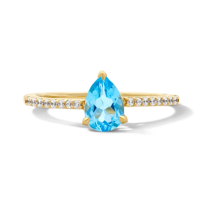 Main Image 1 of Pear-Shaped Swiss Blue Topaz and 1/10 CT. T.W. Lab-Grown Diamond Ring in 10K Gold