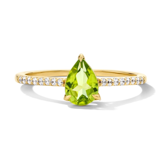Pear-Shaped Peridot and 1/10 CT. T.w. Lab-Grown Diamond Ring in 10K Gold