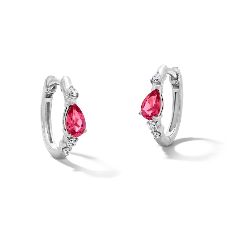 Main Image 1 of Pear-Shaped Pink Tourmaline and 1/15 CT. T.W. Lab-Grown Diamond Hoop Earrings in 10K White Gold (F/VS2)