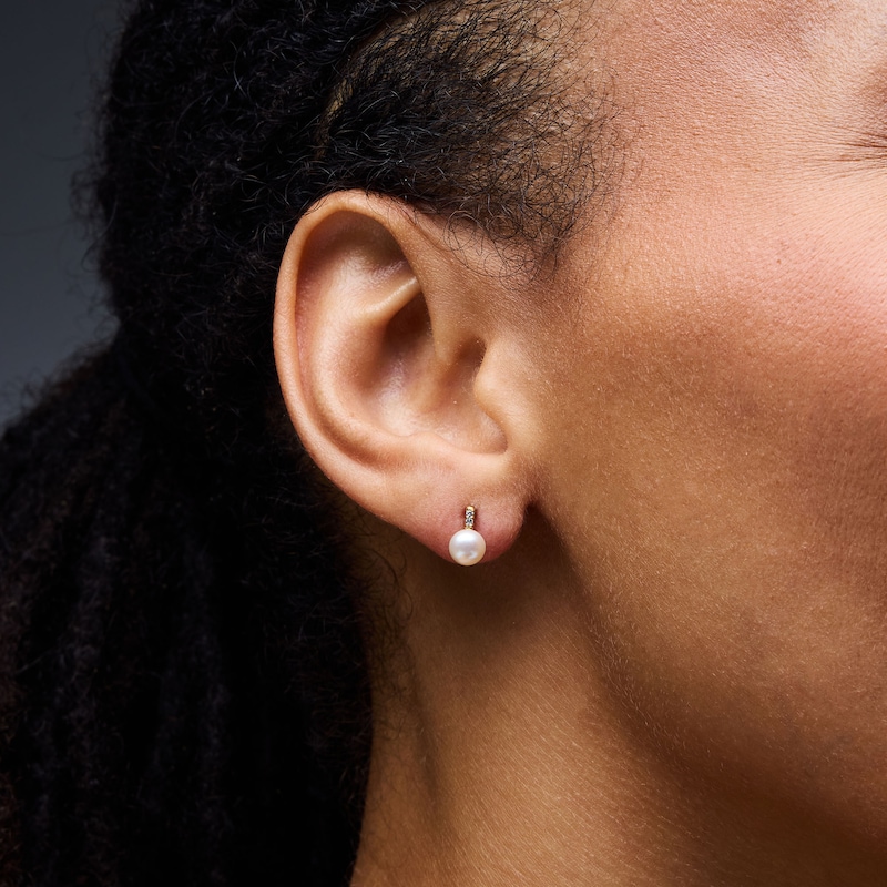 Main Image 2 of 5.0mm Freshwater Cultured Pearl and Lab-Grown Diamond-Accent Drop Earrings in 10K Gold