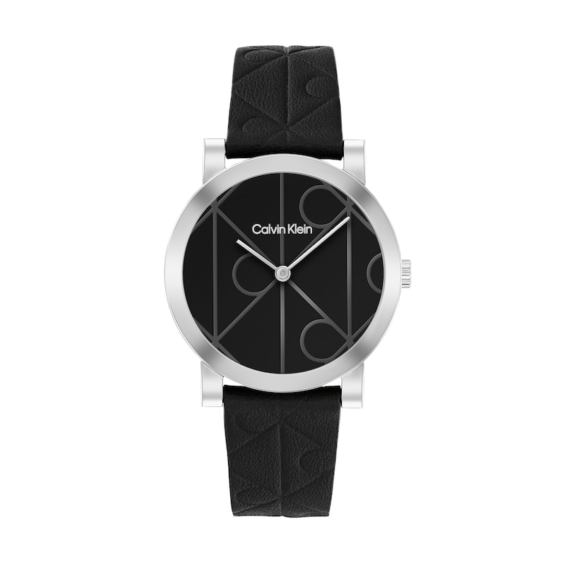 Main Image 1 of Ladies' Calvin Klein CK Monogram Analog Watch with Black Dial and Black Leather Strap (Model: 25100128)