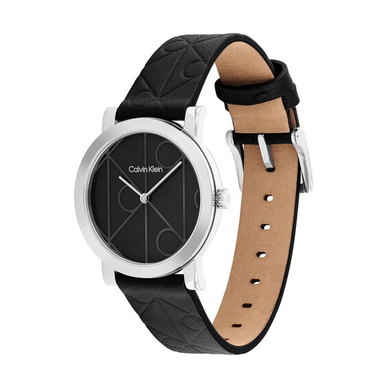 Ladies' Calvin Klein CK Monogram Analog Watch with Black Dial and Black Leather Strap (Model: 25100128)