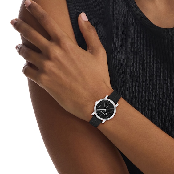 Ladies' Calvin Klein CK Monogram Analog Watch with Black Dial and Black Leather Strap (Model: 25100128)