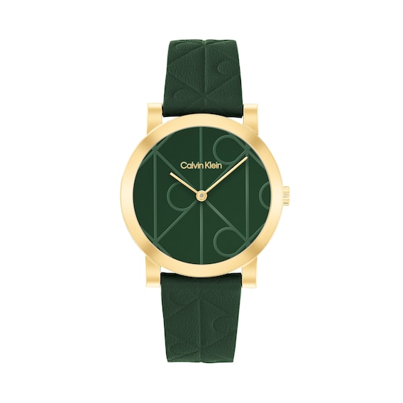 Ladies' Calvin Klein CK Monogram Analog Watch with Green Dial and Green Leather Strap (Model: 25100129)
