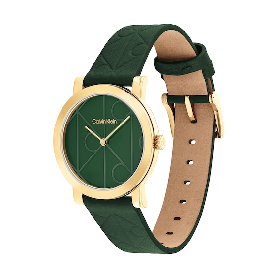 Ladies' Calvin Klein CK Monogram Analog Watch with Green Dial and Green Leather Strap (Model: 25100129)