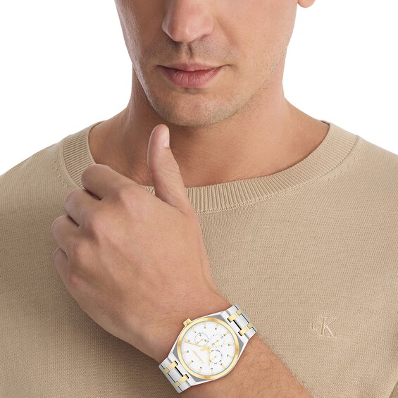 Men's Calvin Klein Motion Chronograph Watch with White Dial and Two-Tone Bracelet (Model: 25200533)