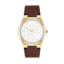 Men's Calvin Klein Motion Chronograph Watch with White Dial and Brown Leather Strap (Model: 25200523)