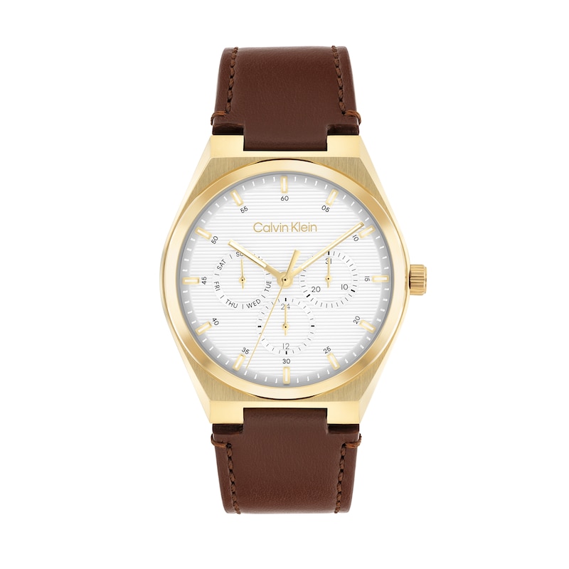 Main Image 1 of Men's Calvin Klein Motion Chronograph Watch with White Dial and Brown Leather Strap (Model: 25200523)