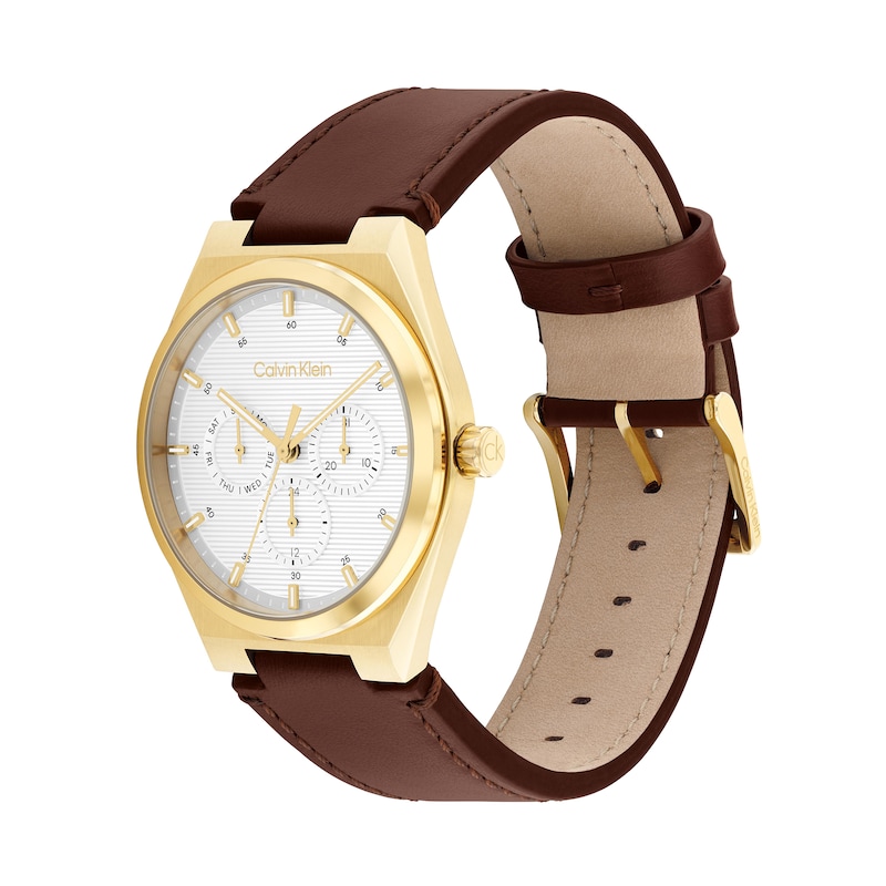 Main Image 2 of Men's Calvin Klein Motion Chronograph Watch with White Dial and Brown Leather Strap (Model: 25200523)