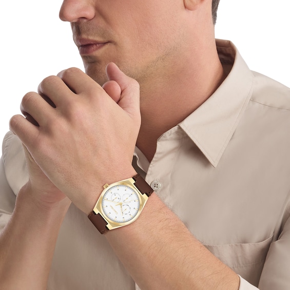 Men's Calvin Klein Motion Chronograph Watch with White Dial and Brown Leather Strap (Model: 25200523)