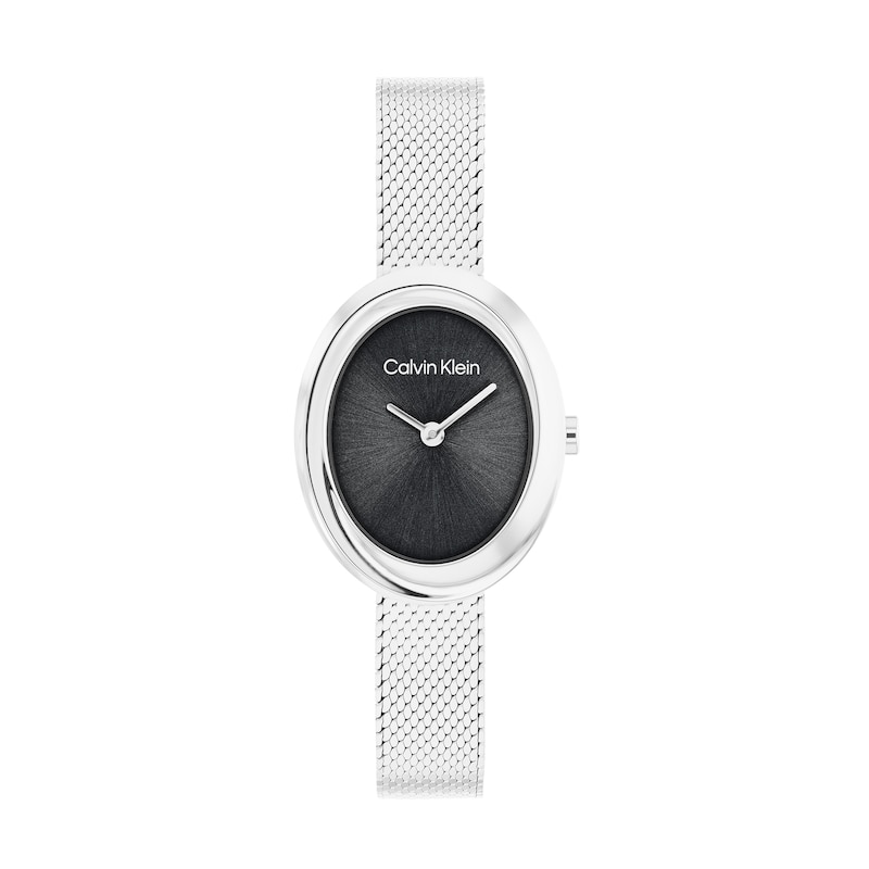 Main Image 1 of Ladies' Calvin Klein Twisted Bezel Oval Analog Watch with Black Dial and Mesh Bracelet (Model: 25100151)