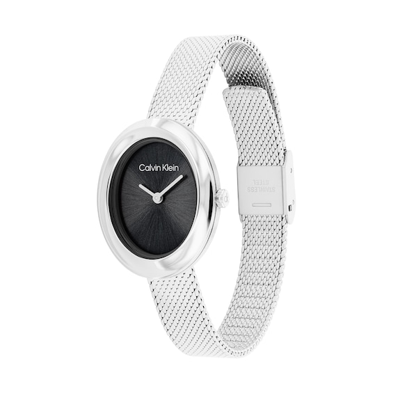 Ladies' Calvin Klein Twisted Bezel Oval Analog Watch with Black Dial and Mesh Bracelet (Model: 25100151)