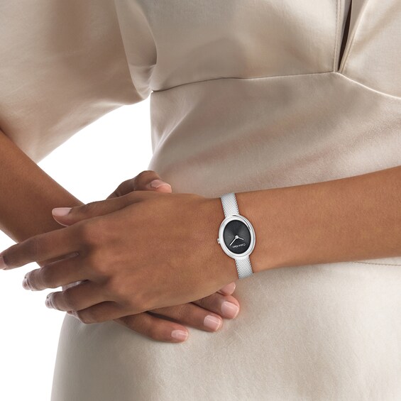 Ladies' Calvin Klein Twisted Bezel Oval Analog Watch with Black Dial and Mesh Bracelet (Model: 25100151)