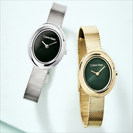 Ladies' Calvin Klein Twisted Bezel Oval Analog Watch with Black Dial and Mesh Bracelet (Model: 25100151)