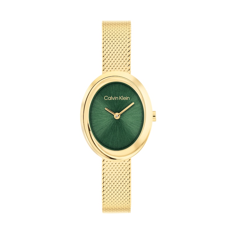 Main Image 1 of Ladies' Calvin Klein Twisted Bezel Oval Analog Watch with Green Dial and Gold-Tone Mesh Bracelet (Model: 20614022)