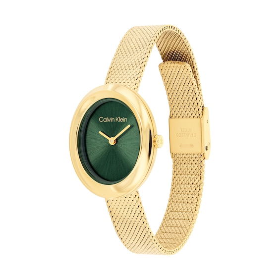 Ladies' Calvin Klein Twisted Bezel Oval Analog Watch with Green Dial and Gold-Tone Mesh Bracelet (Model: 20614022)