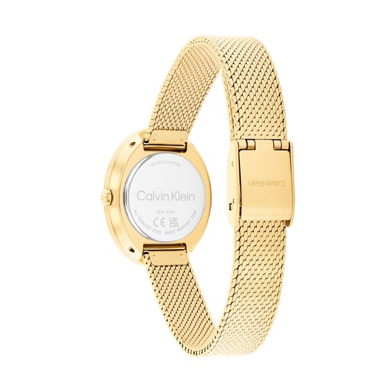 Ladies' Calvin Klein Twisted Bezel Oval Analog Watch with Green Dial and Gold-Tone Mesh Bracelet (Model: 20614022)